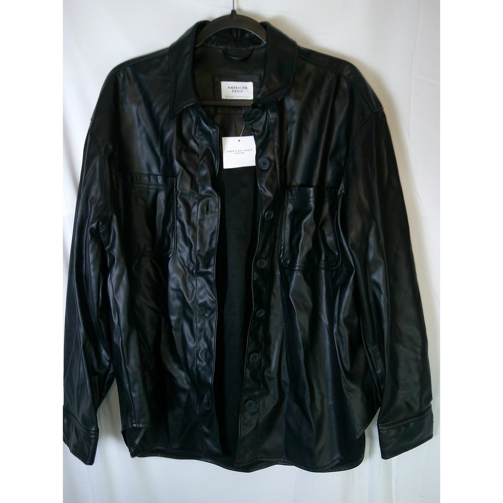 American Eagle Womens Black Vegan Faux Leather Shacket Shirt Jacket Med NWT $55